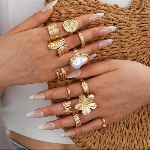 FAXHION 12 PCS Chunky Gold Rings for Women Non Tarnish Statement Flower Ring, 14K Gold Plated Stackable Open Stacking Rings, Big Knuckle Trendy Ring Set Jewelry Gift thumbnail 5