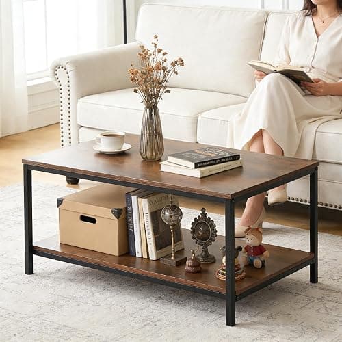 SUPER DEAL 2-Tier Industrial Coffee Table with Storage Shelf for Small Apartment Living Room, Rectangle Wood and Stable Metal TV Stand Side End Table, Rustic Brown thumbnail 2