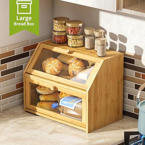 BMOSU Farmhouse Bread Box for Kitchen Countertop Bread box Double Layer Bamboo Wooden Extra Large Capacity Bin Kitchen Food Storage Container(Natural) thumbnail 5
