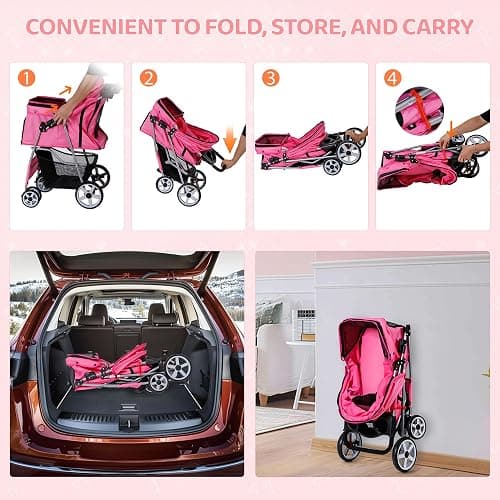 ZENY Foldable Pet Stroller, Cat/Dog Stroller with 4 Wheel, Pet Travel Carrier Strolling Cart with Storage Basket, Cup Holder (Pink) thumbnail 4