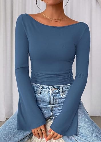 PRETTYGARDEN Women's Long Sleeve Shirts 2025 Fall Crop Going Out Tops Casual Boat Neck Bell Sleeve Ribbed Ruched Y2K Clothes thumbnail 5
