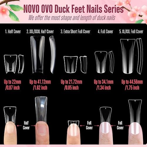 NOVO OVO Duck Feet Nail Tips for Small and Medium Hand, Extra Short Full Cover Press On Acrylic, Clear Full Coverage Thick Flare French Soft Gel Fake False Nail Extension x 12 Sizes 120 pcs thumbnail 7