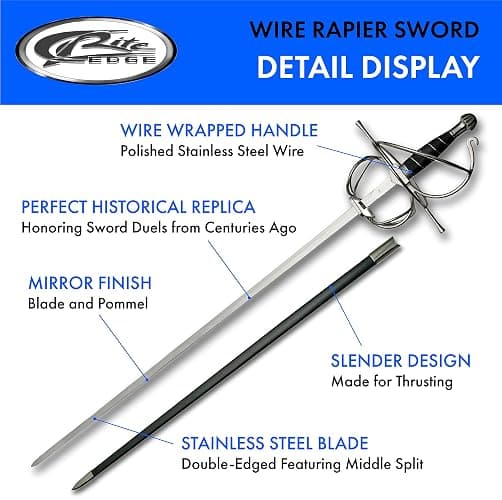 SZCO Supplies 43.5” Fancy Rapier Sword for Adults with Scabbard, Medieval Fencing Sword, Stainless Steel Metal Blade, Black Wire Wrapped Handle, Silver Guard, and Pommel – Swords Real for Collectors thumbnail 2