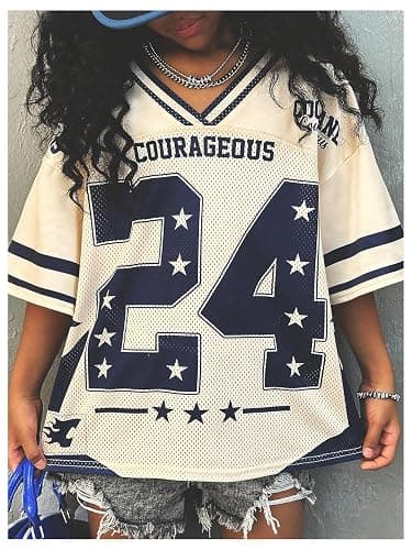 RoseSeek Girl's Y2K Mesh Oversized Jersey Tops Number Star Graphic Tees Vintage V Neck T Shirts thumbnail 4