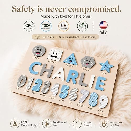Zuzu Wooden Personalized Letter, Number and Shape Puzzle - 12 Options | First Birthday Gift for Toddlers Boys and Girls | Heirloom Keepsake thumbnail 5