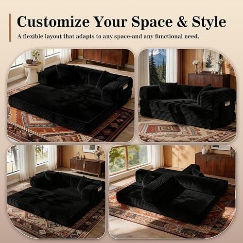 AUGOP Boneless Couch Folding Couches for Living Room Sofa, Futon Sofa Bed with Sleeper Sofa, Futon Couch with Fixed-Shape Oversized Corduroy Upholstered (Black, 81 Inches) thumbnail 5