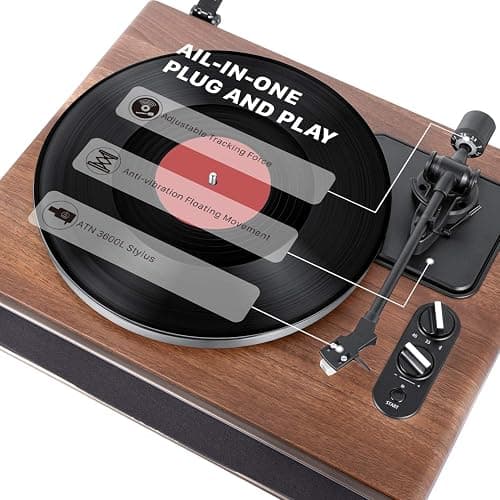 1 by ONE High Fidelity Belt Drive Turntable with Built-in Speakers, Vinyl Record Player with Magnetic Cartridge, Bluetooth Playback and Aux-in Functionality, Auto Off thumbnail 3