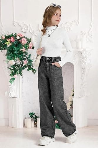 Fulihug Girls Wide Leg Jeans Baggy Bow Embroidery High Elastic Waist Denim Pants Cute Y2K Trendy Tween Streetwear 8-16Y thumbnail 3