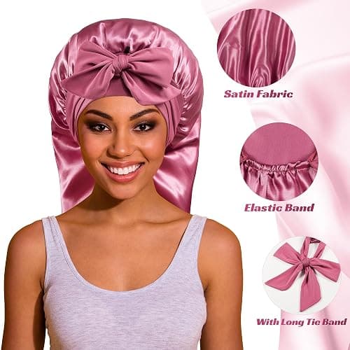 ROYBENS Long Bonnet Satin Hair Silk Bonnet for Sleeping Women, Silky Bonnets for Women with Tie Band, Sleep Cap for Braids Curly Hair thumbnail 2