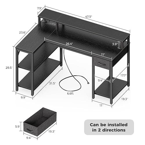 SUPERJARE 47 inch L Shaped Gaming Desk with LED Lights & Power Outlets, Reversible Computer Desk with Shelves & Monitor Stand, Corner Desk with Drawer, for Home & Office, Black, 7998BC thumbnail 3