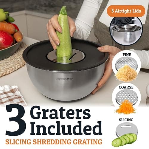 Priority Chef Stainless Steel Mixing Bowls with Lids Set, 3 Grater Attachments, Airtight Lids, Non-Slip Silicone Base Mixing Bowl Set, Large Prep Metal Mixing Bowls for Kitchen, Black thumbnail 4