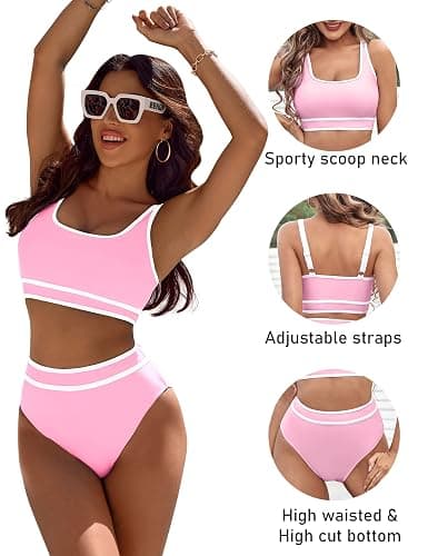 BMJL Women's High Waisted Bikini Sets Sporty Two Piece Swimsuits Color Block Cheeky High Cut Bathing Suits thumbnail 4