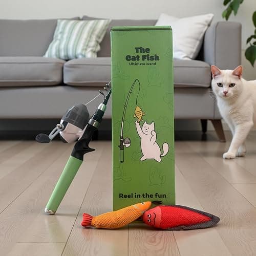 Meowy Cat Wand Toy – Cat Fishing Pole Toy with Reel The Cat Fish Fishing Rod, Telescopic Fiberglass Interactive Teaser Wand for Indoor Cats with Catnip Dental Mesh Attachments thumbnail 8