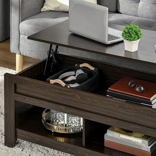 HOMCOM Lift Top Coffee Table with Hidden Storage Compartment and Open Shelves, Lift Tabletop Pop-Up Center Table for Living Room, Dark Walnut thumbnail 7