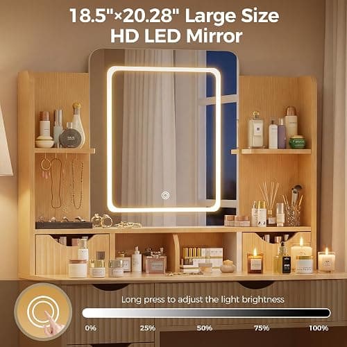 Vanity Desk with Mirror and Lights, Makeup Vanity Table with Large 6 Drawers Modern Fluted Wooden Dressing Table with Jewelry Hook 3 Color Modes Adjustable LED Mirror for Women Girls Bedroom or Dorm thumbnail 7