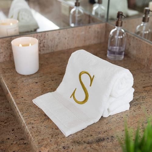 Decorvo Monogrammed Hand Towels for Bathroom - Luxury Hotel Quality Personalized Initial Decorative Embroidered Bath Towel for Powder Room, Spa - GOTS Organic Certified - Set of 2 Gold Letter S thumbnail 8