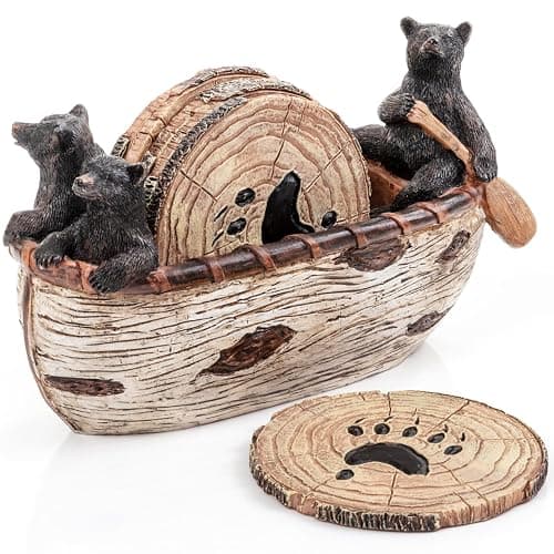Cabin Obsession Bear Coasters - Set of 6 Full Size Rustic Coasters in Handmade Canoe with Adorable Black Bear Figurines - Log Cabin Decorations, Rustic Lodge Decor for The Home - Image 1