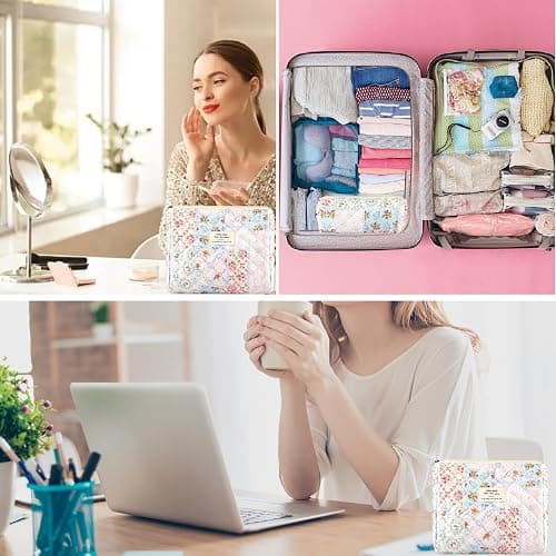 2Pcs Quilted Cotton Makeup Bag Large Travel Makeup Pouch Small Brush Holder Set for Women Cute Floral Coquette Makeup Bag Aesthetic Cosmetic Bag Flower Bee Toiletry Organizer Storage Bag Zipper Pouch thumbnail 3