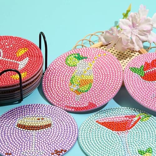 8 PCS Cocktail Diamond Art Coasters Kits, Diamond Painting Coasters with Holder Set of 8, DIY Drink Coasters Art Crafts Supplies for Adults Cup Mat for Home Decor House Warming Gifts Non-Slip 3.9inch thumbnail 3