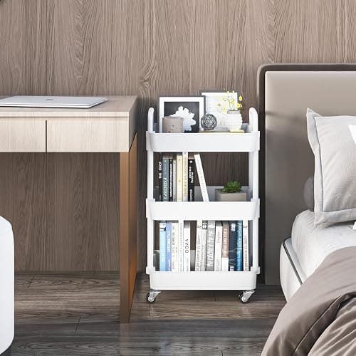 UDEAR 3-Tier Kitchen Rolling Utility Cart,Multifunction Storage Organizer with Handle and 2 Lockable Wheels for Kitchen,Bathroom,Living Room,Office,White - 3-Tier - White thumbnail 3