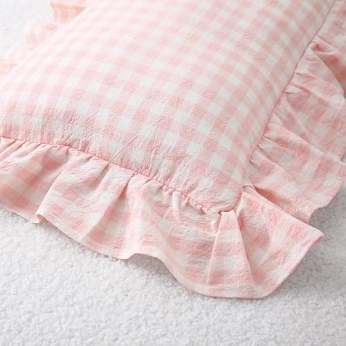 K MASANIJI 2 Pack Blush White Plaid Ruffle Gingham Lumbar Throw Pillow Covers, 100% Washed Cotton Checkered Girls Lovely Farmhouse Decorative Throw Pillow Shams for Bed/Sofa Zipper Closure- 20''x12'' thumbnail 7