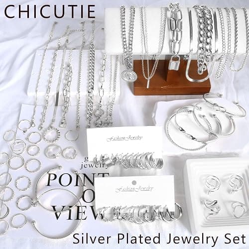 CHICUTIE Gold Jewelry Set For Women,14k Gold Plated Multi Layer Necklaces Bracelets Hoop Earrings Set Stackable Knuckle Rings, Trendy Elegance Charms Non Tarnish Minimalist Textured Boho Jewelry Gift thumbnail 7