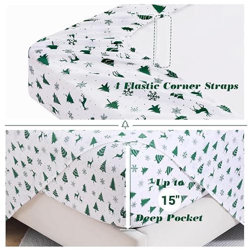 Viviland Christmas Holiday 100% Cotton Sheets Twin Single, Crisp Cooling Percale Deer Pine Tree Sheets, Soft Cozy Snowflake Winter Bedding thumbnail 4