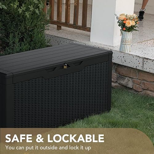 Devoko 100 Gallon Waterproof Large Resin Deck Box Indoor Outdoor Lockable Storage Container for Patio Furniture Cushions Garden Tools (100 Gallon, Black) thumbnail 6