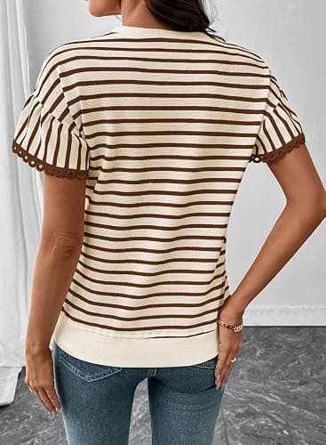 SHEWIN Women Summer Loose Fit Tops Trendy Rib Knit Stripe Shirt Business Dressy Casual 2026 thumbnail 3