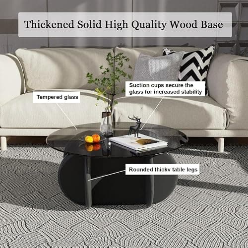 Black Glass Top Coffee Table Modern Elegant Round Coffee Tables with Solid Wood Legs and Tempered Glass Tabletop for Living Room Home Small Space Reception Office Tables 31.5" thumbnail 3