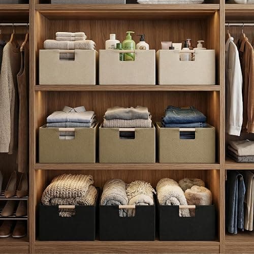 Foldable Fabric Storage Basket for Shelves, Linen Decorative Storage Bin with Wooden Handles, Small Organizer Cube for Closet, Rectangle Canvas Box for Organizing, Decor, 15x10.6x6 Inches (Beige) thumbnail 2