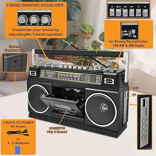 Cassette Player Boombox with Bluetooth, AM/FM/SW Radio & Record to USB, 24W Stereo Sound, 4 Power Modes, Portable Retro Stereo for Indoor Outdoor, Classic Black thumbnail 7