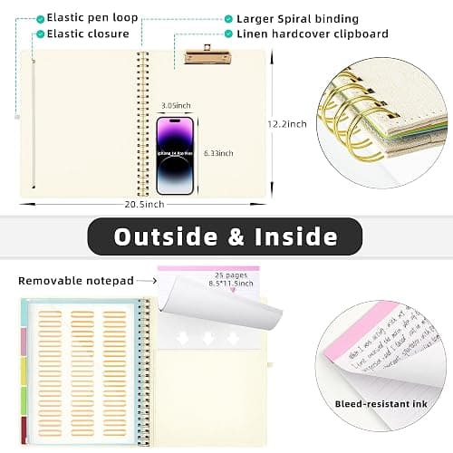 Ospelelf Foldable Spiral Clipboard Folio with Storage Zipper Pouch, 5 Plastic Folders with 10 Pockets, Refillable Lined Notepad (11" x 8.5"), Linen Hardcover Project Organizer (Beige) thumbnail 4