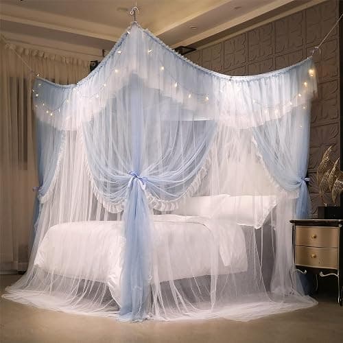 VETHIN 4 Corners Post Ruffle Princess Bed Canopy Curtain-Double Layer Cozy Drape Netting 4 Opening Mosquito Net for Girls Adults Bedroom Decoration (Gray/White,47" W*78" L*82" H/Twin) thumbnail 5