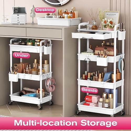 Goovilla Rolling Makeup Organizer Cart with Removable Drawer, 3 Tier White | Stable Floor Skincare Storage Cart for Vanity, Cosmetic Display, Nail Polish, Perfume, Hair Stuff, Beauty, Bathroom(Plastic) thumbnail 6