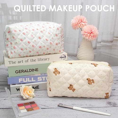 PAZIMIIK Vintage Quilted Makeup Bag Cosmetic Pouch for Brushes Pencils and Travel Make Up Accessories for Women and Girls Bear Beige thumbnail 7