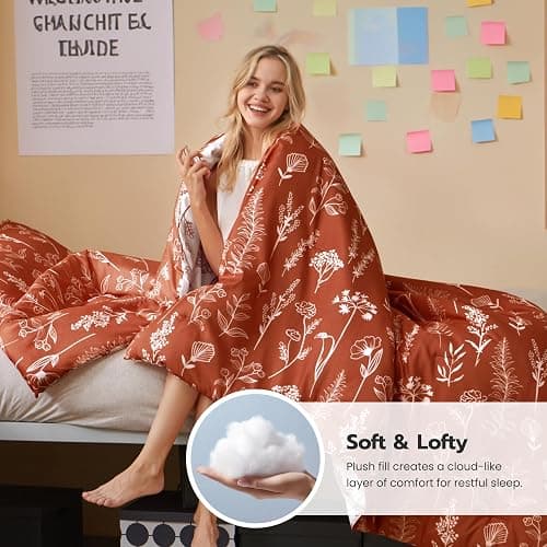 Joiedomi Twin Comforter Set Terracotta, 2 Pieces Floral Twin Bedding Set with 1 Soft Reversible Botanical Comforter and 1 Pillow Sham, Bed in a Bag for All Seasons thumbnail 2