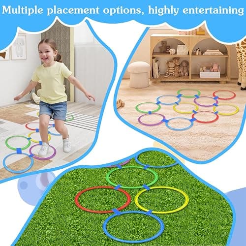 CIATBYYJ 2 Sets 11inch Hopscotch Rings, 10 Plastic Round Hoops with Blue Clips Connectors, Obstacle Course Agility Balance Training Rings, Outdoor Indoor Games Hopscotch Set for Fun and Fitness thumbnail 4