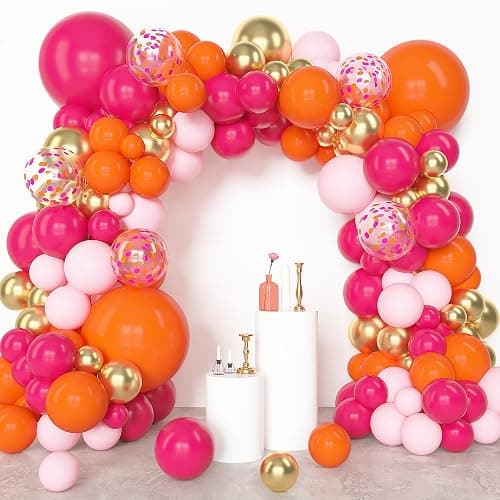 Amandir 153Pcs Pink and Orange Balloon Arch Kit, Different Sizes 18 12 10 5 Inch Metallic Gold Sunset Hot Pink Orange Confetti Latex Balloons Birthday Summer Tropical Graduation Party Decorations thumbnail 3