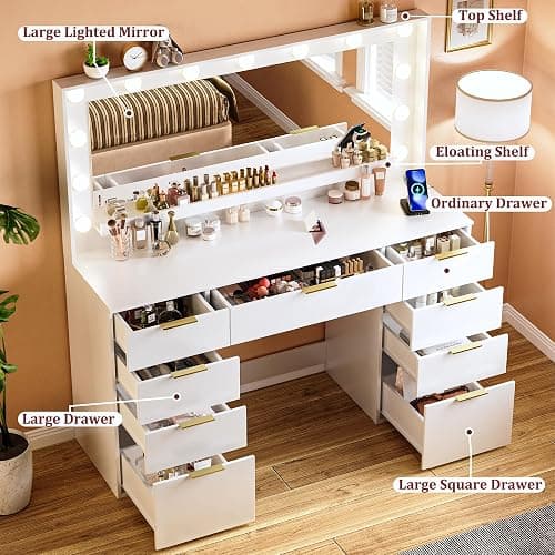 ALEXNUTRE Vanity Desk with Large Mirror and Lights, 45.3in Makeup Vanity with Power Outlet 9 Drawers & Storage, 3 Lighting Color Adjustable, White Vanity Desk for Bedroom thumbnail 3