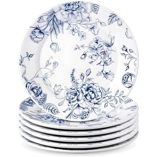 Honeydak 6 Pcs Blue Floral Flower Ceramic Plates Blue and White Porcelain Salad Serving Plate 6 Inch Vintage Dinner Appetizer Dessert Dishes Tableware for Wedding Birthday Tea Party Table Supplies - Floral