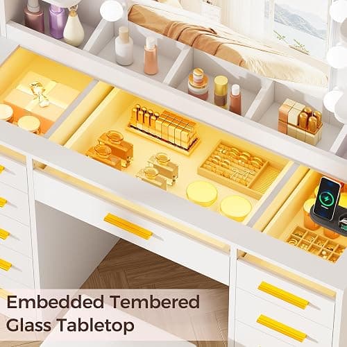 YUNSCEND Large Makeup Vanity with Mirror and Lights 3 Colors,Vanity Desk with Glass Top,11 RGB Drawers,6 Shelves,Makeup Desk with 5 Hooks,Power Outlet,Dressing Table for Girls Bedroom White UXFST004W thumbnail 6