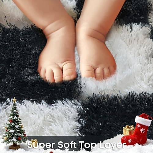 Ophanie Checkered Black & White Rug for Living Room Bedroom, Fluffy Soft Cute Fuzzy Area Rugs, Shag Plush Shaggy Bedside Floor 4x6 Furry Carpet for Kids Baby Teen Dorm Nursery Home Decor Aesthetic thumbnail 3