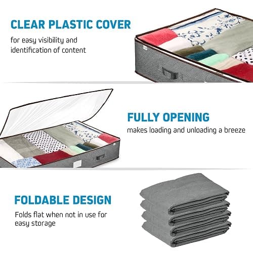 Under Bed Storage Bins - Pack Of 4 Under The Bed Storage Containers For Clothes, Blankets, Winter Clothing, & Shoes - Underbed Storage Containers With Handles, Dual Zippers, & Clear Top thumbnail 5