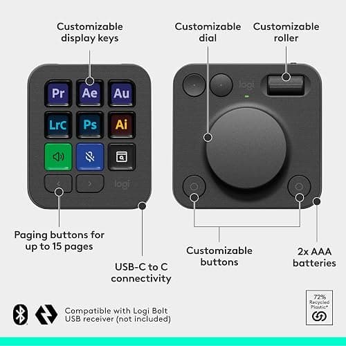 Logitech MX Creative Console - 9 Customizable LCD Keys, Control Dial for Graphic Design, Video Editing, Control Adobe, Zoom, Spotify and More - Graphite, with 3-Month Adobe Creative Cloud Membership - Graphite thumbnail 7