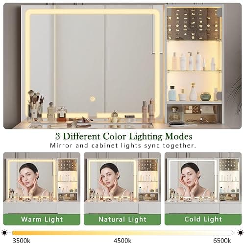 wanan Vanity with Glass Top, White Vanity Desk with Mirror and Lights, Jewelry Storage, Power Outlet, 3 Adjustable Lighting Modes, Makeup Vanity with 2 Drawers for Bedroom thumbnail 5