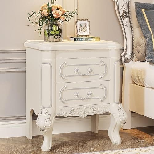 Tribesigns White Nightstand, End Table with 2 Drawers, Carved Bedside Tables, Side Table for Bedroom, Classic Bedroom Furniture, Night Stand White - Image 1