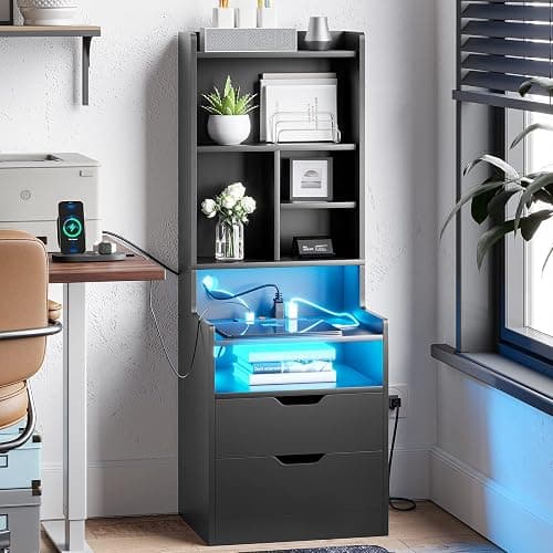 ADORNEVE Tall Night Stand with Charging Station and LED Lights,Nightstand with Bookshelf,Bedside Table with Drawers & Power Outlets,End Side Table for Bedrooms (Black) thumbnail 7
