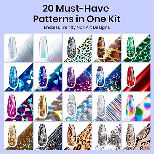 Beetles Nail Foil Art Kit, 20 Pcs Nail Foils Transfer with 30ml Nail Foil Glue Gel for Nails - Metal Holographic Leopard Stickers Gels Nail Polish Set LED Lamp Required Soak Off Manicure Nails Art DIY thumbnail 2