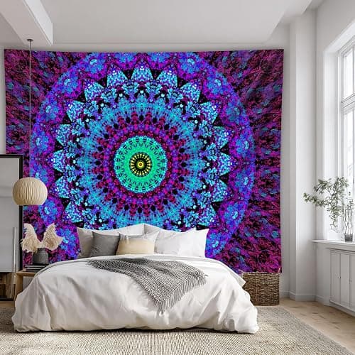 PSYHILAR Blacklight Mandala Boho Tapestry, Black Light Bohemian Hippie Poster for Adults and Teens, UV Reactive Aesthetic Wall Art Decor for Bedroom (60 x 50 Inches) thumbnail 4